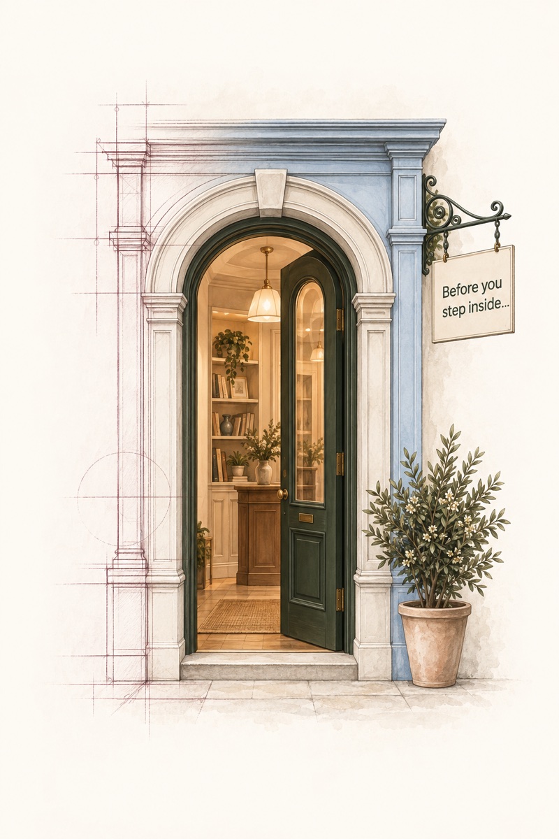 An illustrated shop doorway, half pencil sketch and half painted: a powder-blue frame, an open green door onto a warm room of bookshelves, a potted olive tree, and a hanging sign that reads Before you step inside.