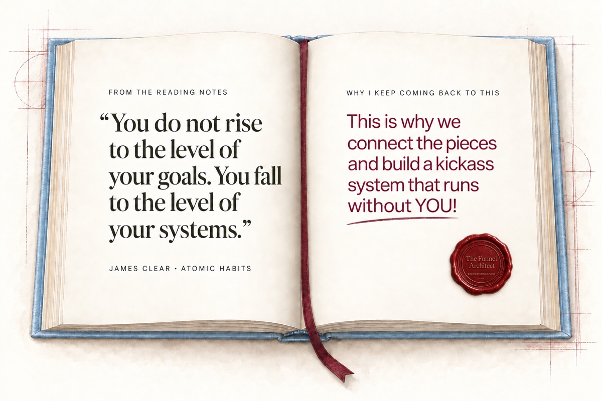 An open book. Left page, from the reading notes: “You do not rise to the level of your goals. You fall to the level of your systems.” James Clear, Atomic Habits. Right page, why I keep coming back to this: This is why we connect the pieces and build a kickass system that runs without you! Sealed with The Funnel Architect wax seal.