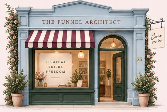 The same shopfront finished: a powder-blue facade with a striped awning, climbing roses, an open door and a sign that says come on in.