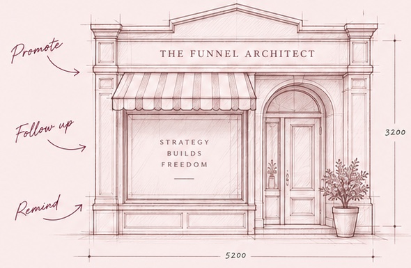 A pencil sketch of a shopfront signed The Funnel Architect, with handwritten notes in the margin: promote, follow up, remind.